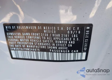2017 Volkswagen Jetta 1.4T S z USA, uszkodzony, nr VIN 3VW2B7AJ7HM246875